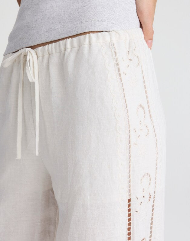 Eyelet Drawstring Pants in 100% Linen IVORY LINEN