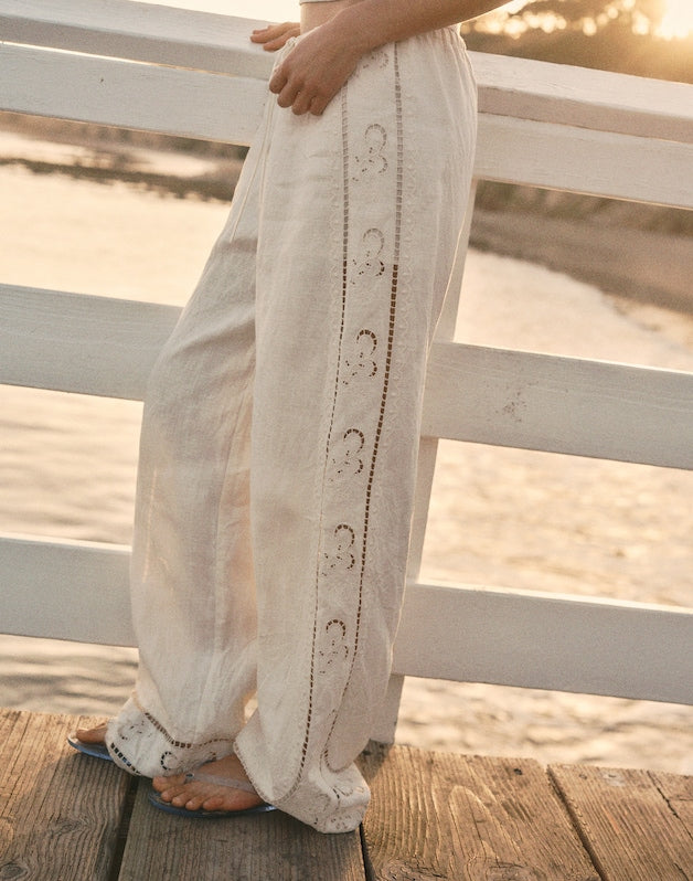 Eyelet Drawstring Pants in 100% Linen IVORY LINEN