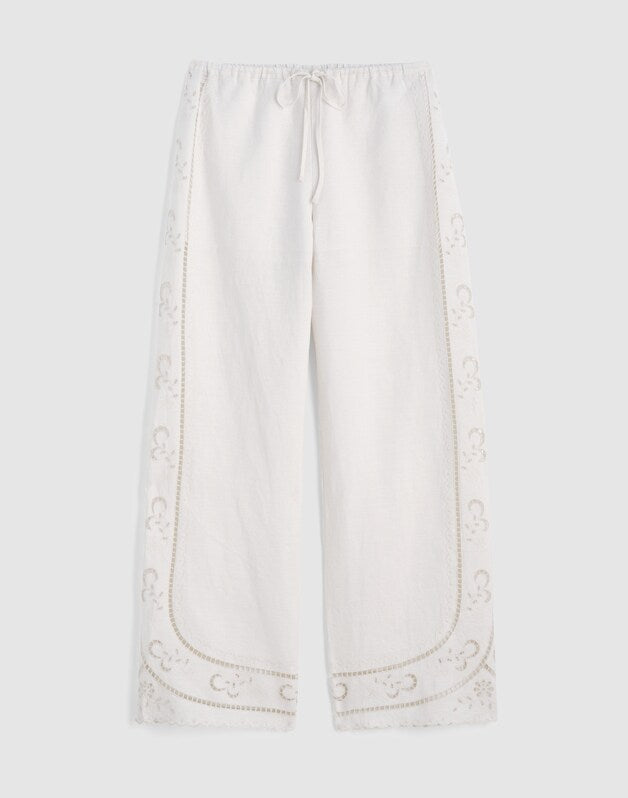 Eyelet Drawstring Pants in 100% Linen IVORY LINEN