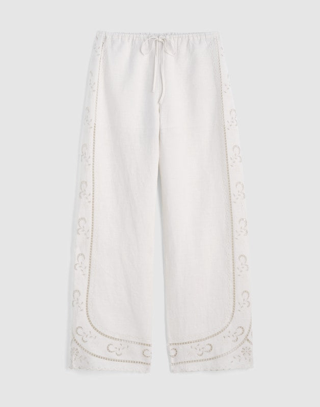 Eyelet Drawstring Pants in 100% Linen IVORY LINEN