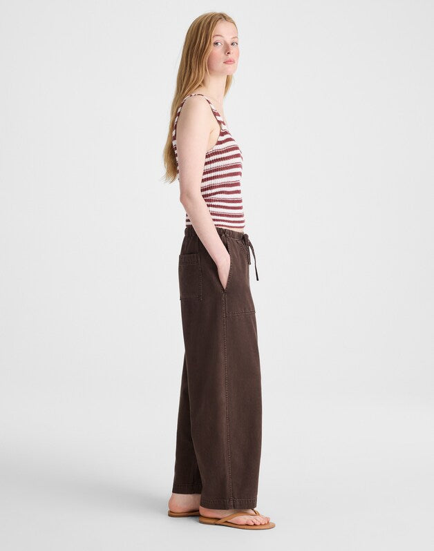 Pull-On Barrel-Leg Utility Pants in Airy Denim DARK BROWN