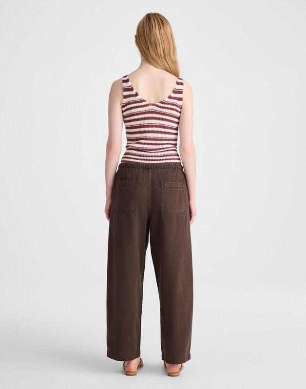 Pull-On Barrel-Leg Utility Pants in Airy Denim DARK BROWN