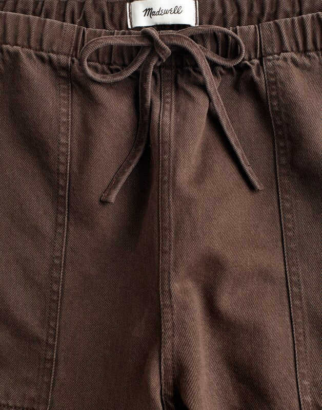Pull-On Barrel-Leg Utility Pants in Airy Denim DARK BROWN
