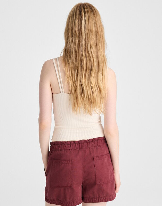Pull-On Utility Shorts in Airy Denim DUSTY MERLOT