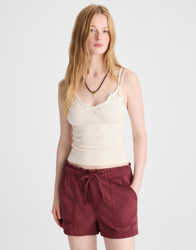 Pull-On Utility Shorts in Airy Denim DUSTY MERLOT