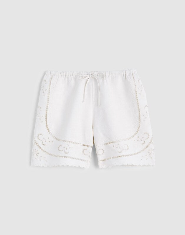Eyelet Drawstring Shorts in 100% Linen IVORY LINEN