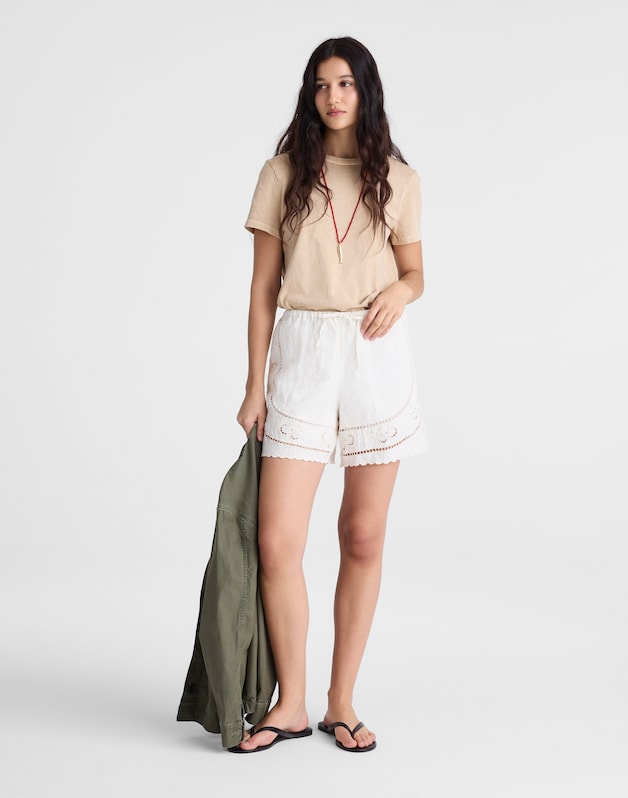 Eyelet Drawstring Shorts in 100% Linen IVORY LINEN
