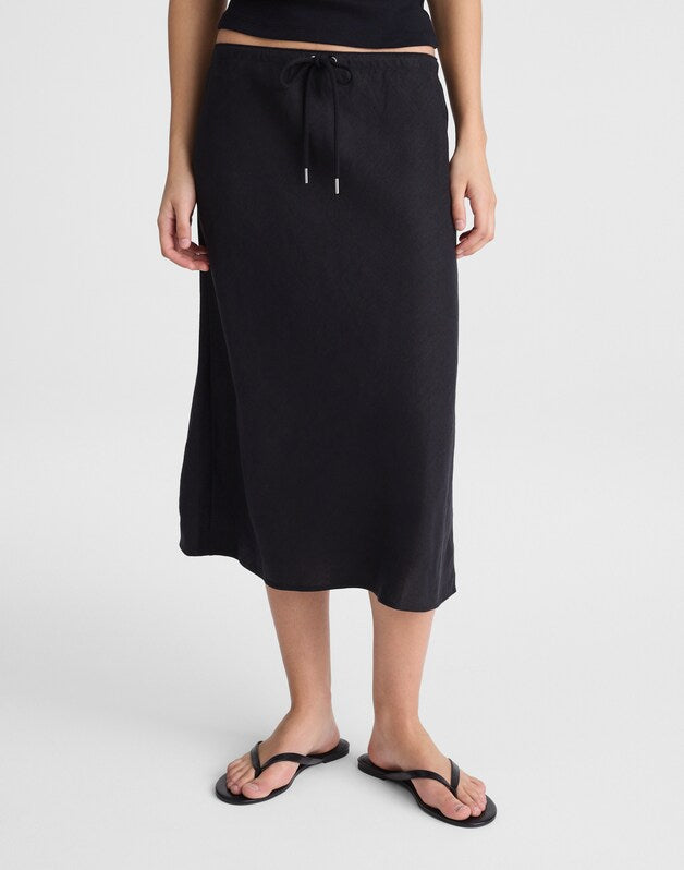 Drawstring Slip Skirt in 100% Linen JET BLACK