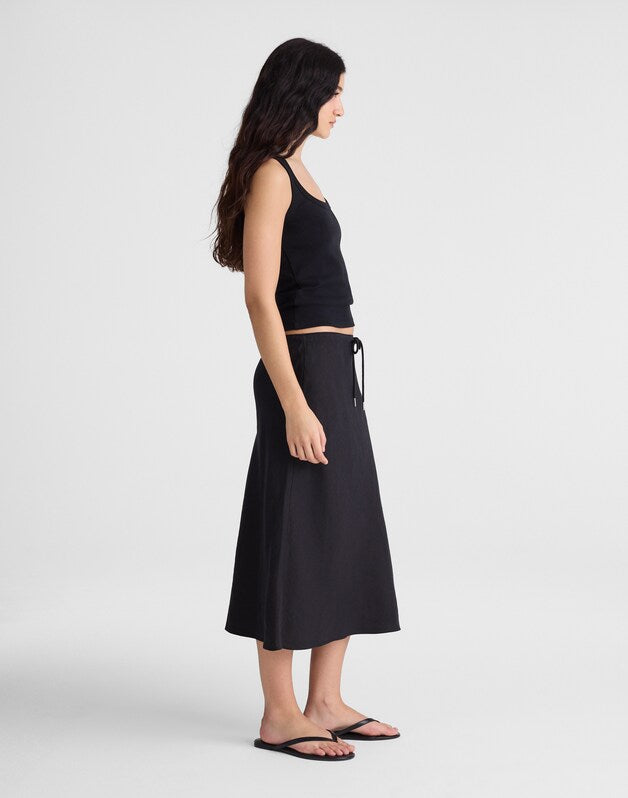 Drawstring Slip Skirt in 100% Linen JET BLACK