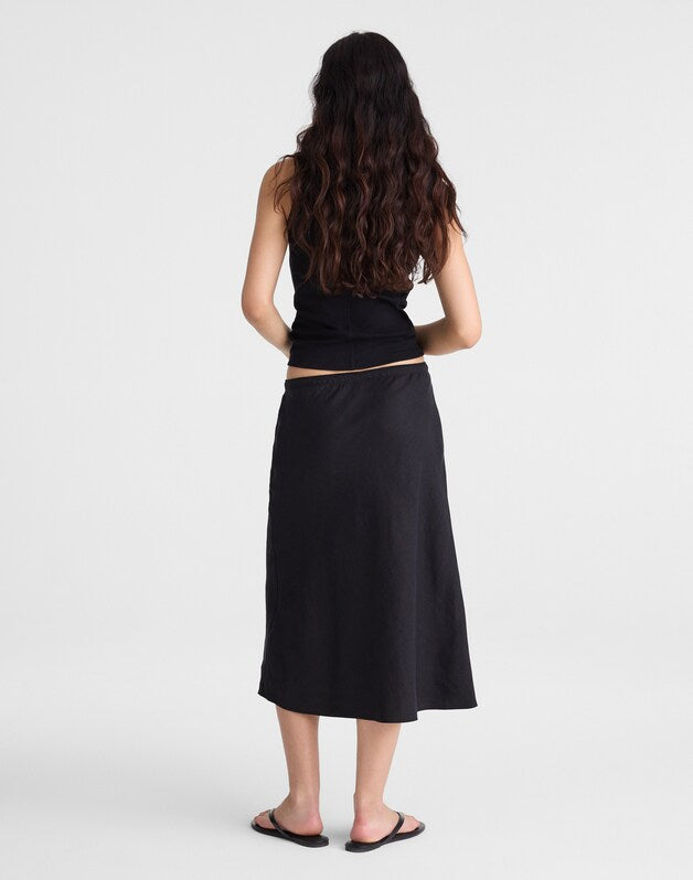 Drawstring Slip Skirt in 100% Linen JET BLACK
