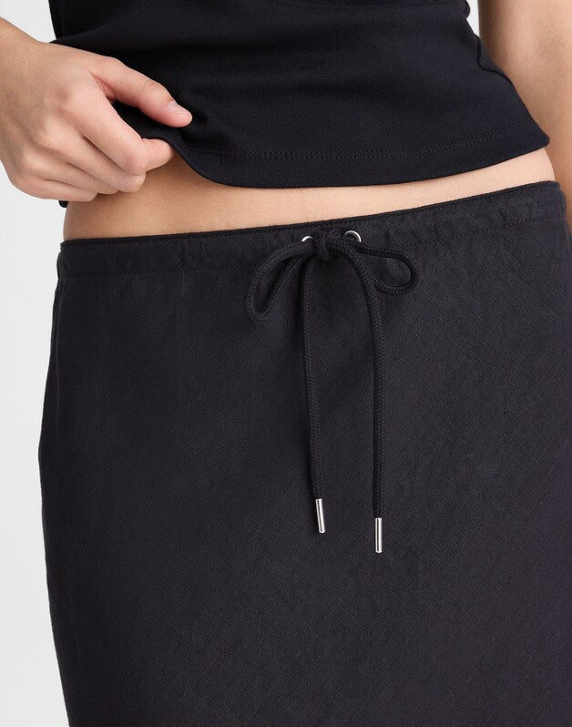 Drawstring Slip Skirt in 100% Linen JET BLACK