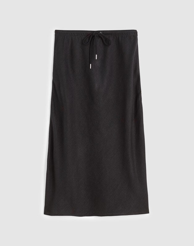 Drawstring Slip Skirt in 100% Linen JET BLACK