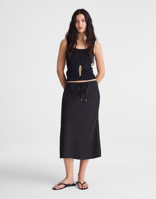 Drawstring Slip Skirt in 100% Linen JET BLACK