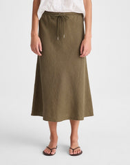 Drawstring Slip Skirt in 100% Linen FADED IVY