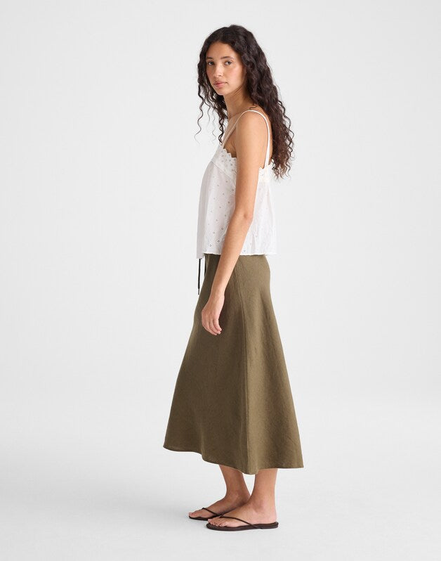 Drawstring Slip Skirt in 100% Linen FADED IVY