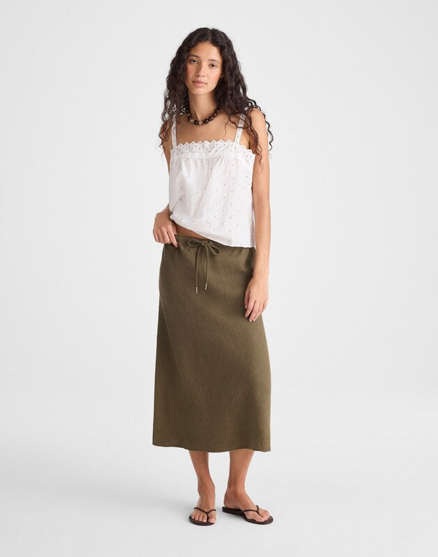 Drawstring Slip Skirt in 100% Linen FADED IVY