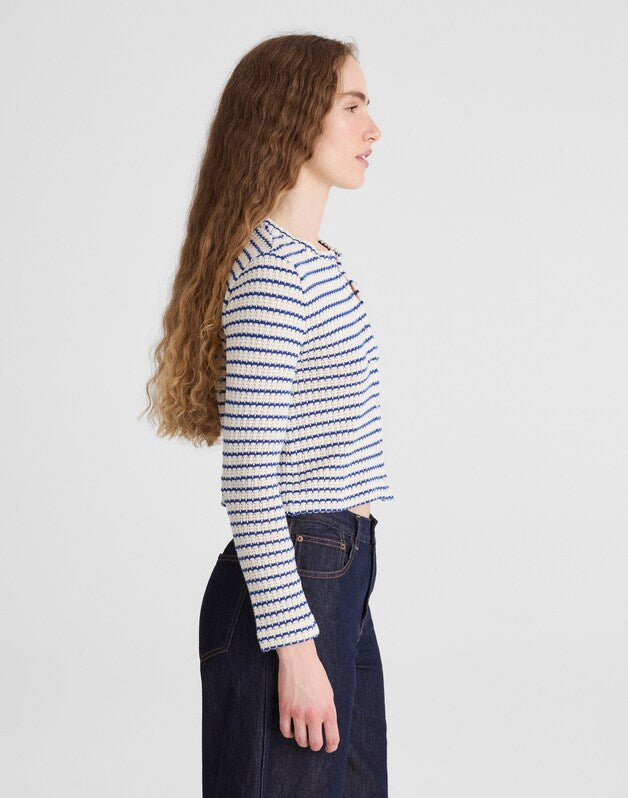Textured-Knit Button-Front Cardigan TUCK STITCH STRIPE