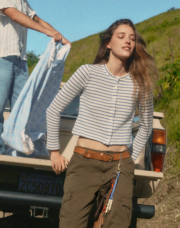 Textured-Knit Button-Front Cardigan TUCK STITCH STRIPE