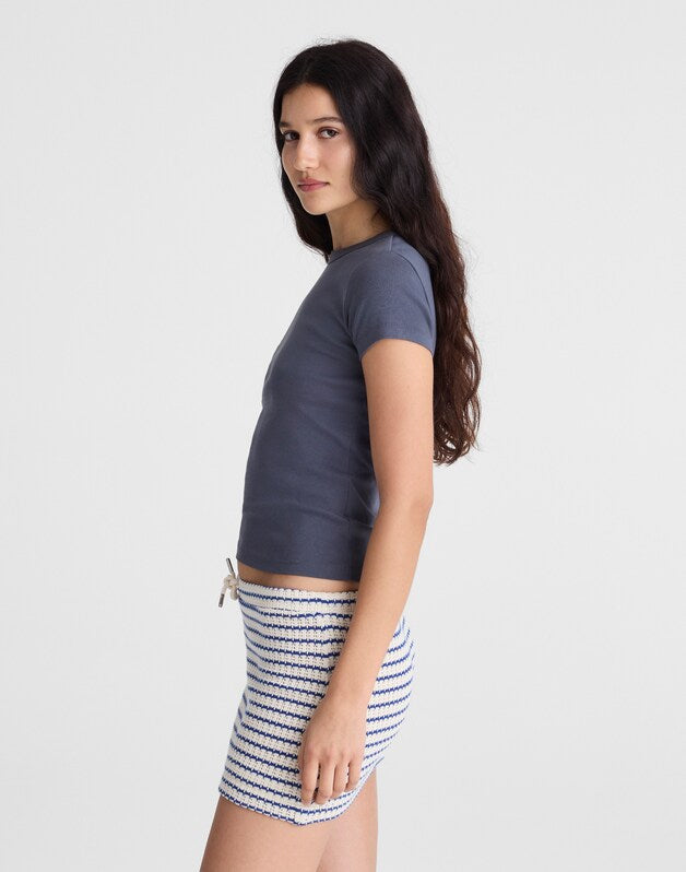 Textured-Knit Drawstring Mini Skirt TUCK STITCH STRIPE