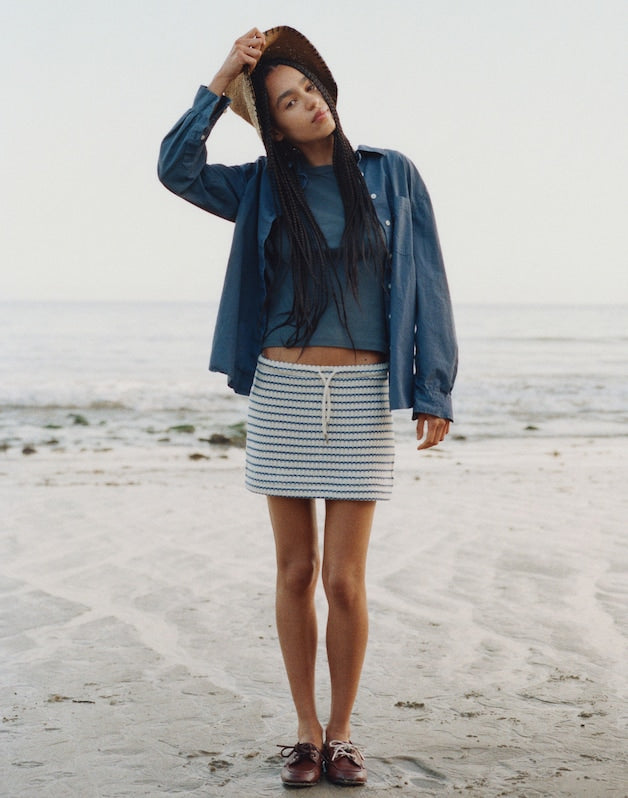 Textured-Knit Drawstring Mini Skirt TUCK STITCH STRIPE
