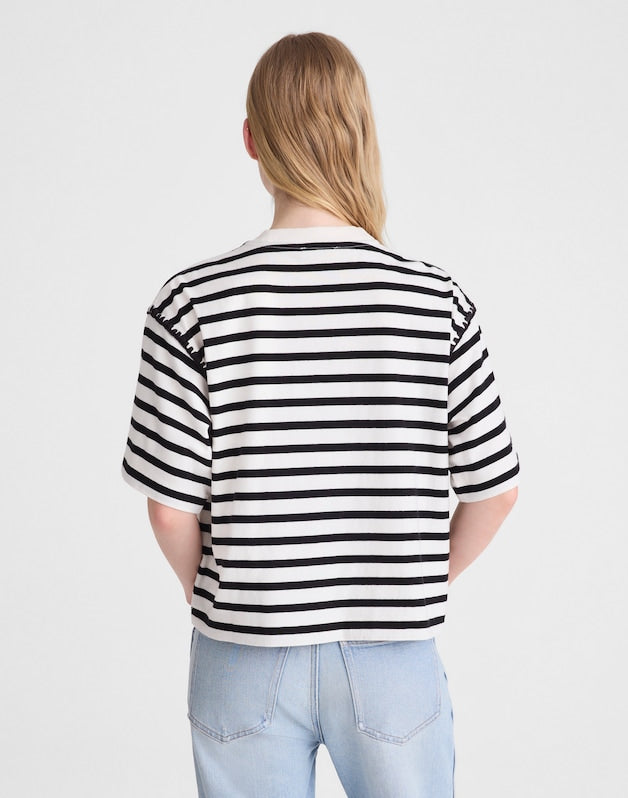 The Boxy Crop Tee in Allday Jersey BLACK TO WHITE STRIPE