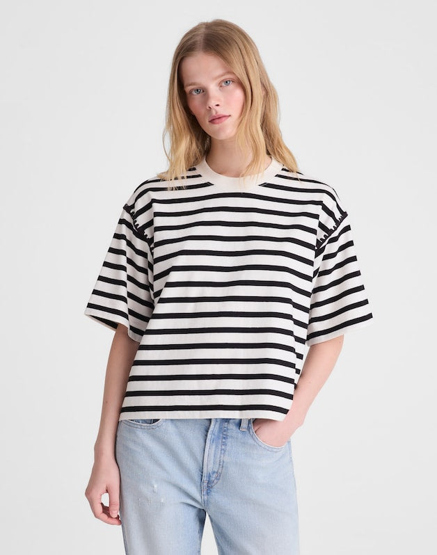 The Boxy Crop Tee in Allday Jersey BLACK TO WHITE STRIPE
