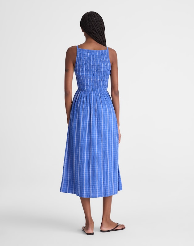 Smocked High-Neck Midi Dress in Plaid RETRO BLUE
