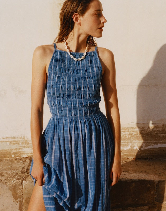 Smocked High-Neck Midi Dress in Plaid RETRO BLUE