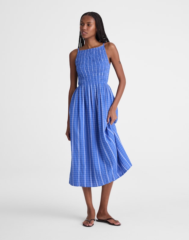 Smocked High-Neck Midi Dress in Plaid RETRO BLUE