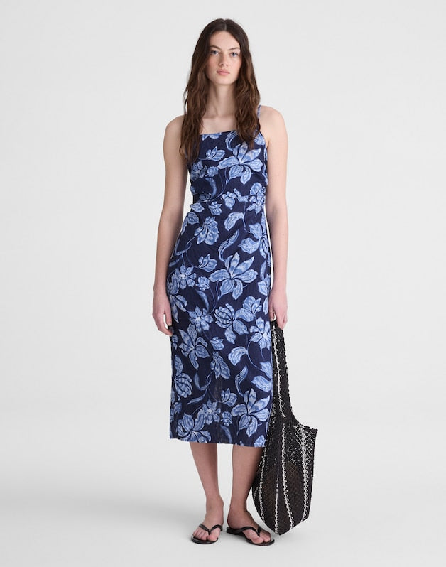 Ruched Squareneck Sleeveless Midi Dress CLASSIC INDIGO