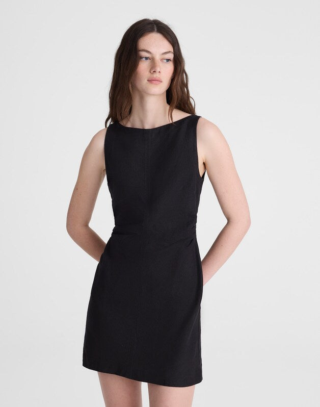 Boatneck Shirred Mini Dress in 100% Linen JET BLACK