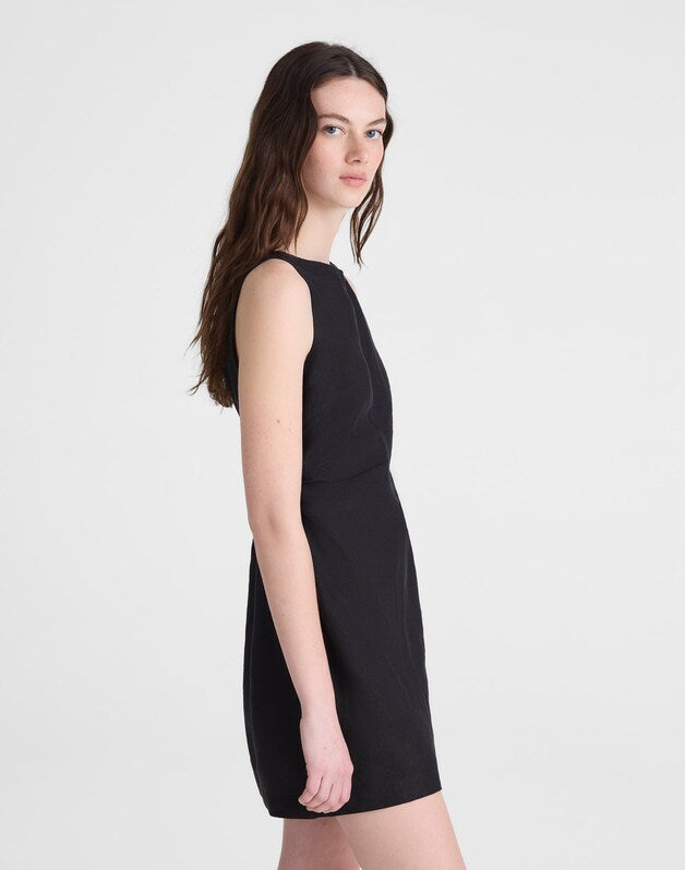 Boatneck Shirred Mini Dress in 100% Linen JET BLACK
