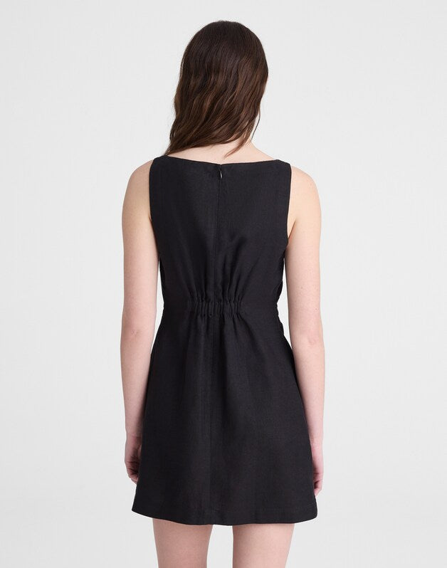 Boatneck Shirred Mini Dress in 100% Linen JET BLACK