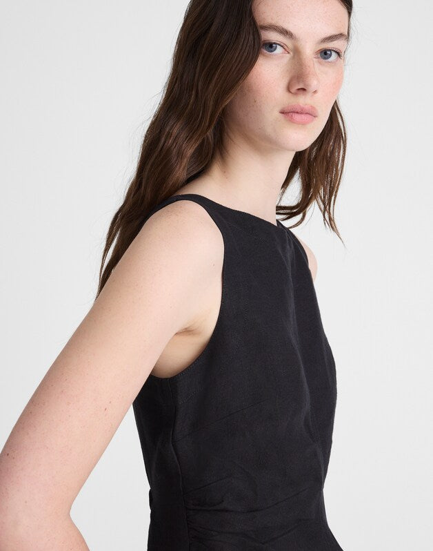 Boatneck Shirred Mini Dress in 100% Linen JET BLACK