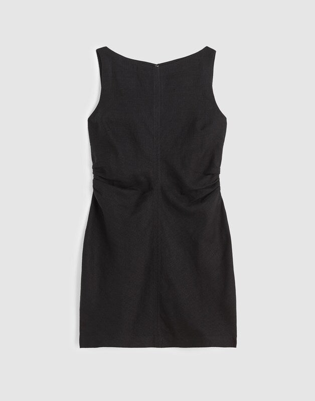 Boatneck Shirred Mini Dress in 100% Linen JET BLACK