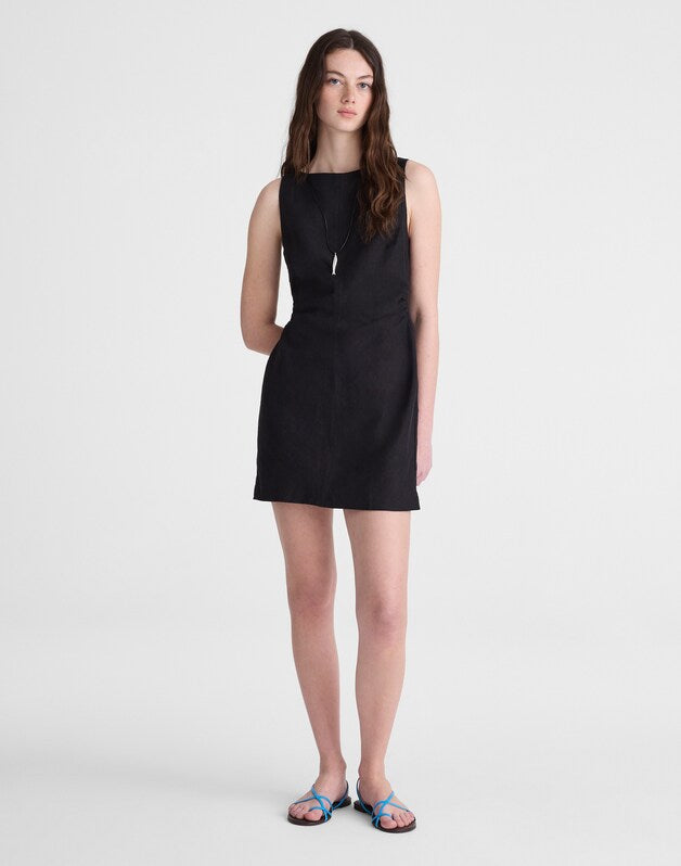 Boatneck Shirred Mini Dress in 100% Linen JET BLACK