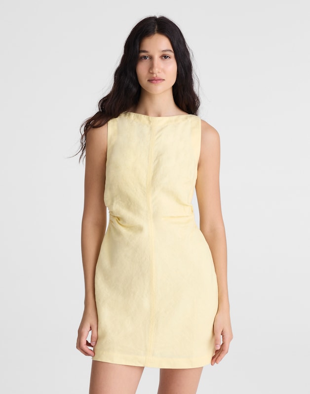 Boatneck Shirred Mini Dress in 100% Linen CANDLELIGHT
