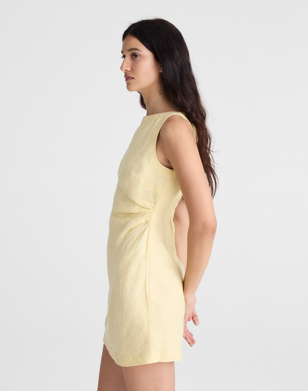 Boatneck Shirred Mini Dress in 100% Linen CANDLELIGHT
