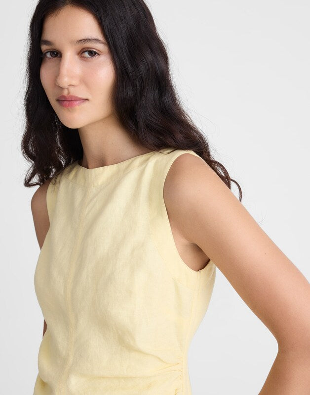 Boatneck Shirred Mini Dress in 100% Linen CANDLELIGHT