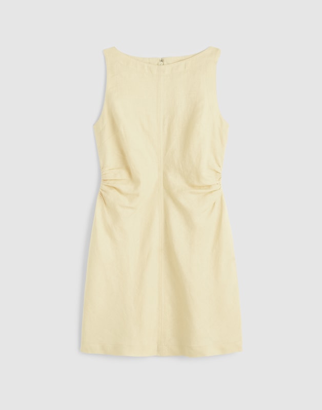 Boatneck Shirred Mini Dress in 100% Linen CANDLELIGHT