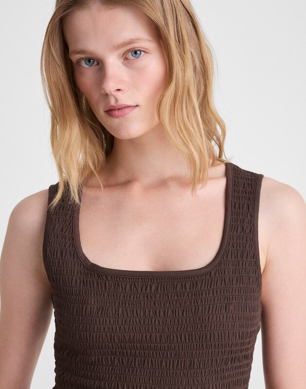 Smocked Scoopneck Tank DARK BROWN