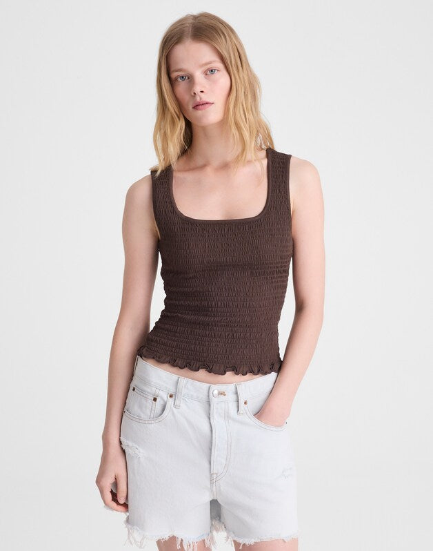 Smocked Scoopneck Tank DARK BROWN