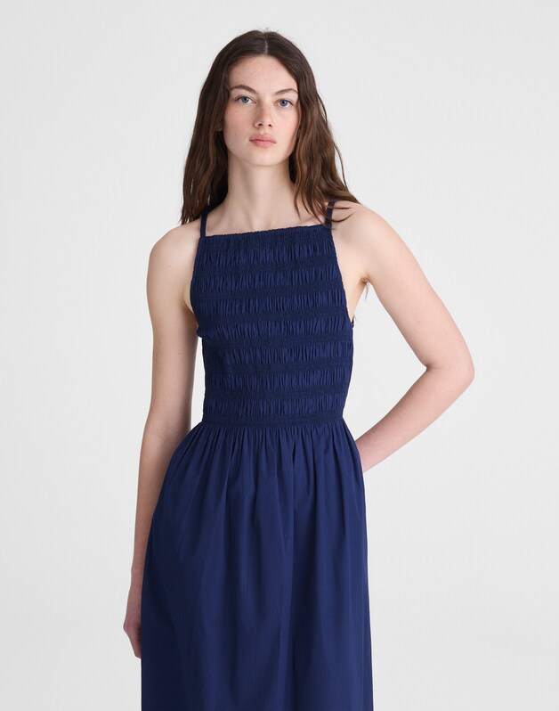 Smocked High-Neck Midi Dress CLASSIC INDIGO