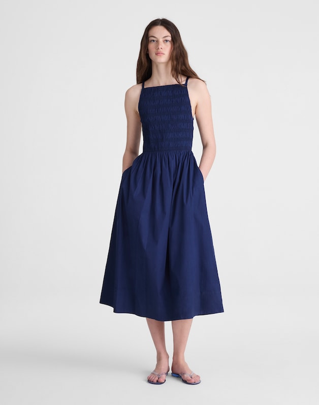 Smocked High-Neck Midi Dress CLASSIC INDIGO