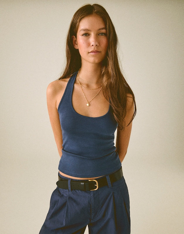 The '90s Halter Top in Compact Cotton PETROL NAVY