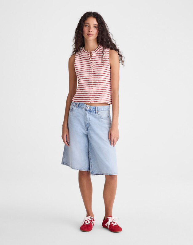 Textured-Knit  Button-Front Shell Top TUCK STITCH STRIPE