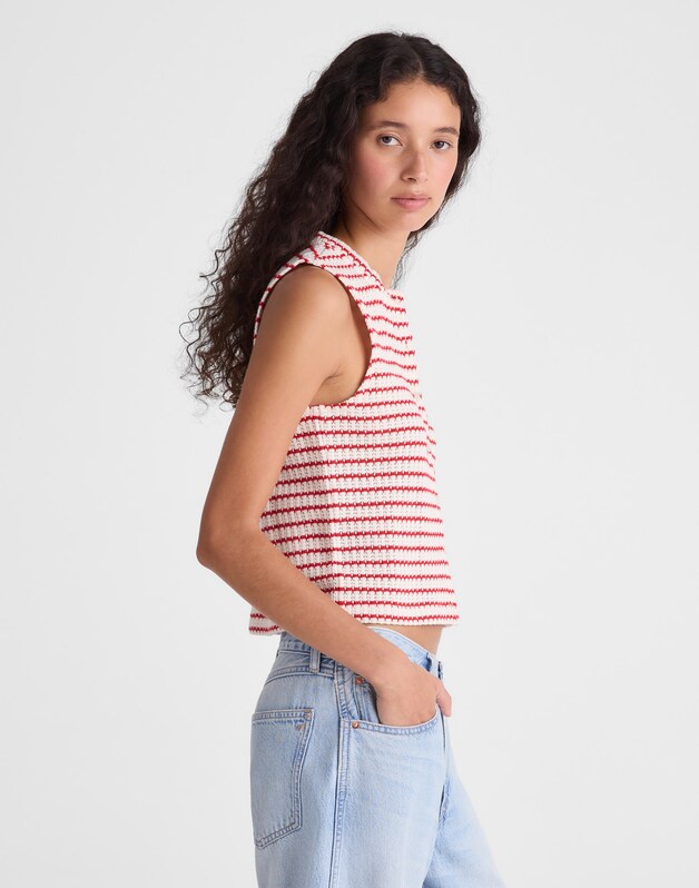 Textured-Knit  Button-Front Shell Top TUCK STITCH STRIPE