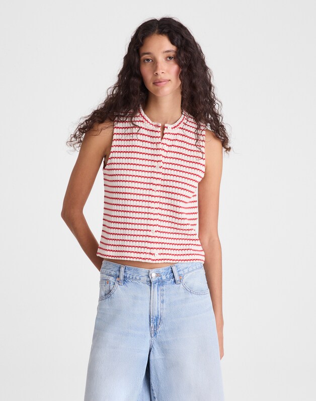 Textured-Knit  Button-Front Shell Top TUCK STITCH STRIPE