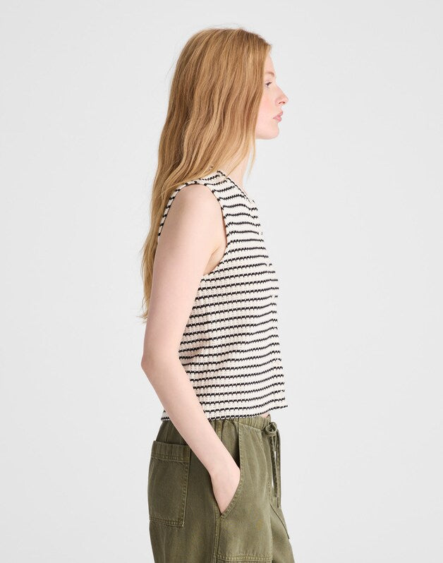 Textured-Knit  Button-Front Shell Top IVORY AND BLACK TUCK STITCH