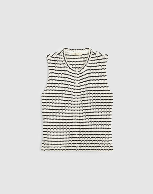 Textured-Knit  Button-Front Shell Top IVORY AND BLACK TUCK STITCH